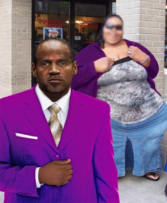 Nigel suited up, with a BBW, in front of golden corral buffet.